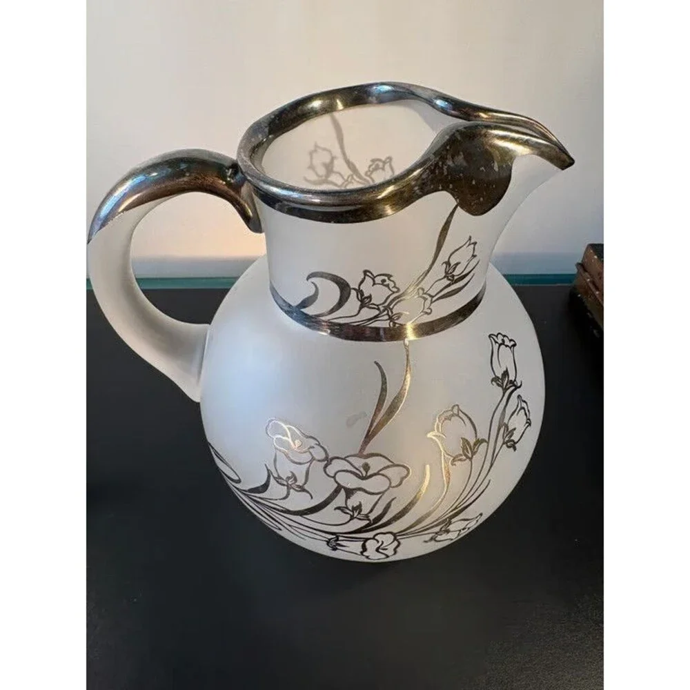 Frosted White Glass Pitcher Silver Overlay Floral Vintage